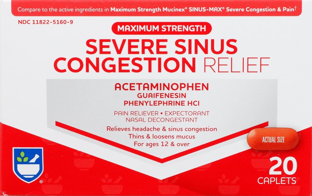 Rite Aid Těžká sinusová medicína a Nasal Decongestant, Maximální síla - 20 Caplet CLAS124; Sinus Relief CLAS124; Pain Relief CLAS124; Multi- Symptom Cold and Flu Medicine CLAS124; Těžká studená a sinusová medicína pro dospělé