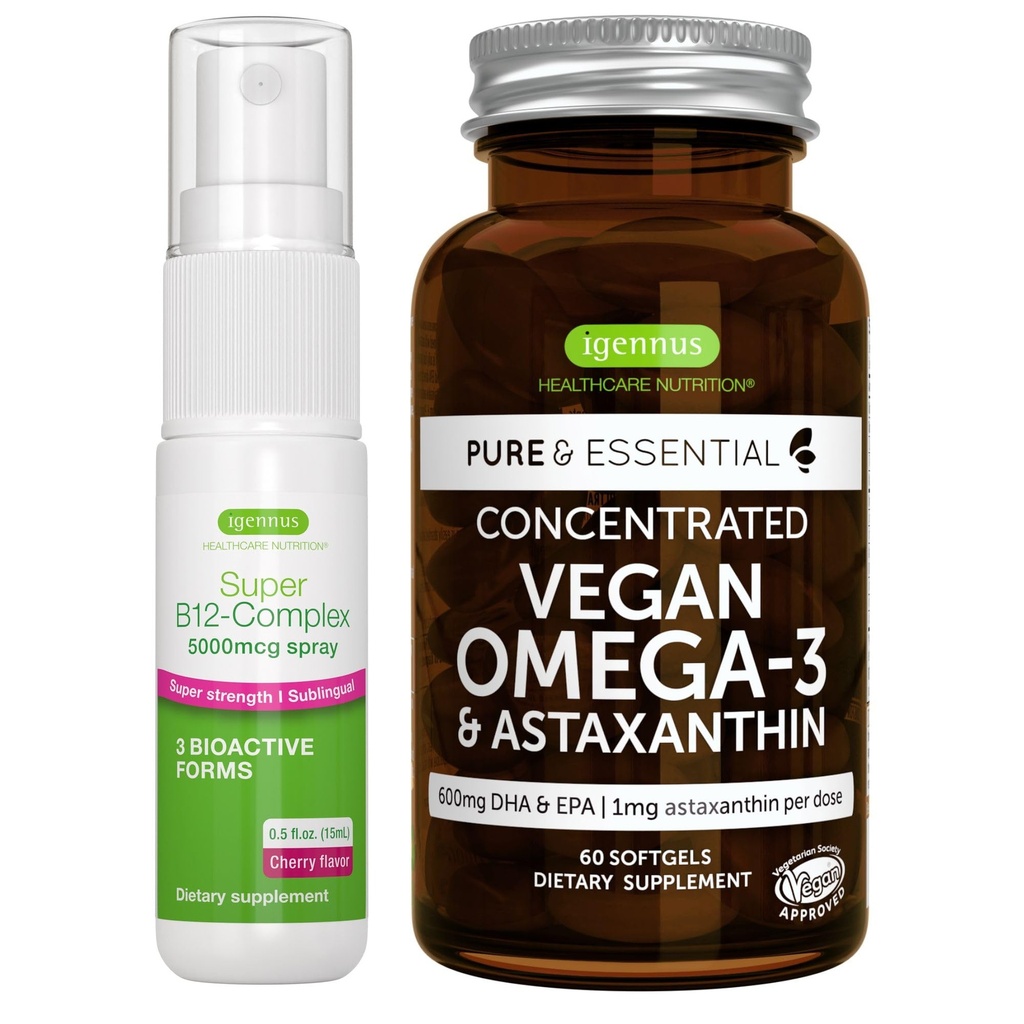 Vegan Omega33 Algae Oil + Super B12-Complex 5000mcg Vegan Bundle, vysoká koncentrace DHA & EPA + vysoká síla B12 Cherry Flavor Sublingual Spray, by Igennus