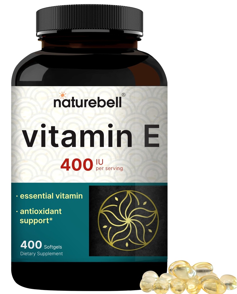 NatureBell Vitamin E Oil Softgels, 400iu per Serving, 400 pilulky CLAS124; Essential Antioxidant doplňky, Snadno absorbovaná forma - Podporuje pleť, srdce, a imunitní zdraví - Non- GMO