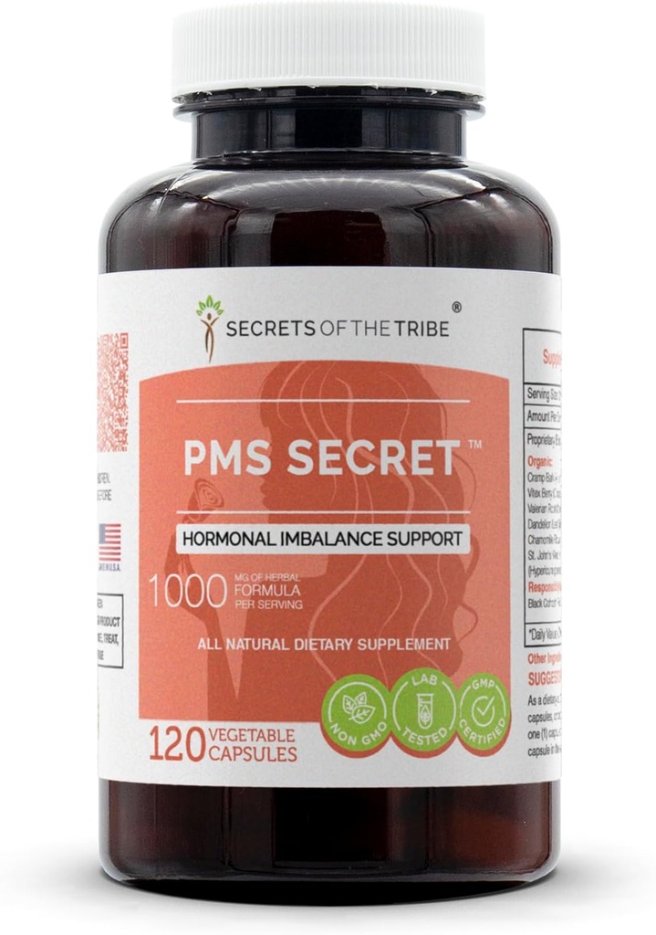 PMS Secret 120 Kapsle, 1000 mg, Black Cohosh, Cramp, Vitex, Valerian, Pampelion, Heřmánek, St. John 's Wort. Podpora hormonální nerovnováhy (120 tobolek)
