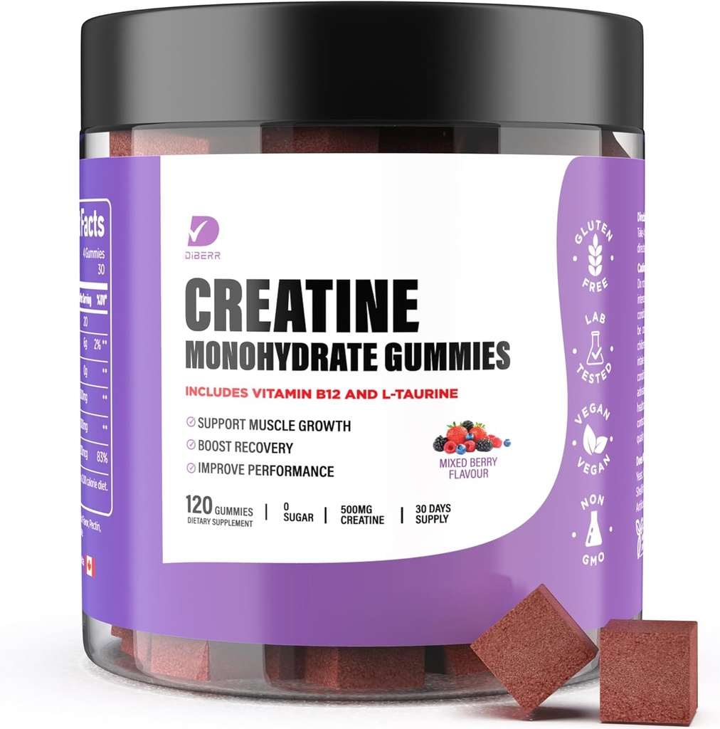 Kreatinové gumy - Kreatinové monohydrát pro muže a ženy - 5g kreatinské monohydrát na porci - Zvýšení koncentrace, síla, vytrvalost - Build Muscle, Sugar Free, Vegan, Non- GMO 120 Ct