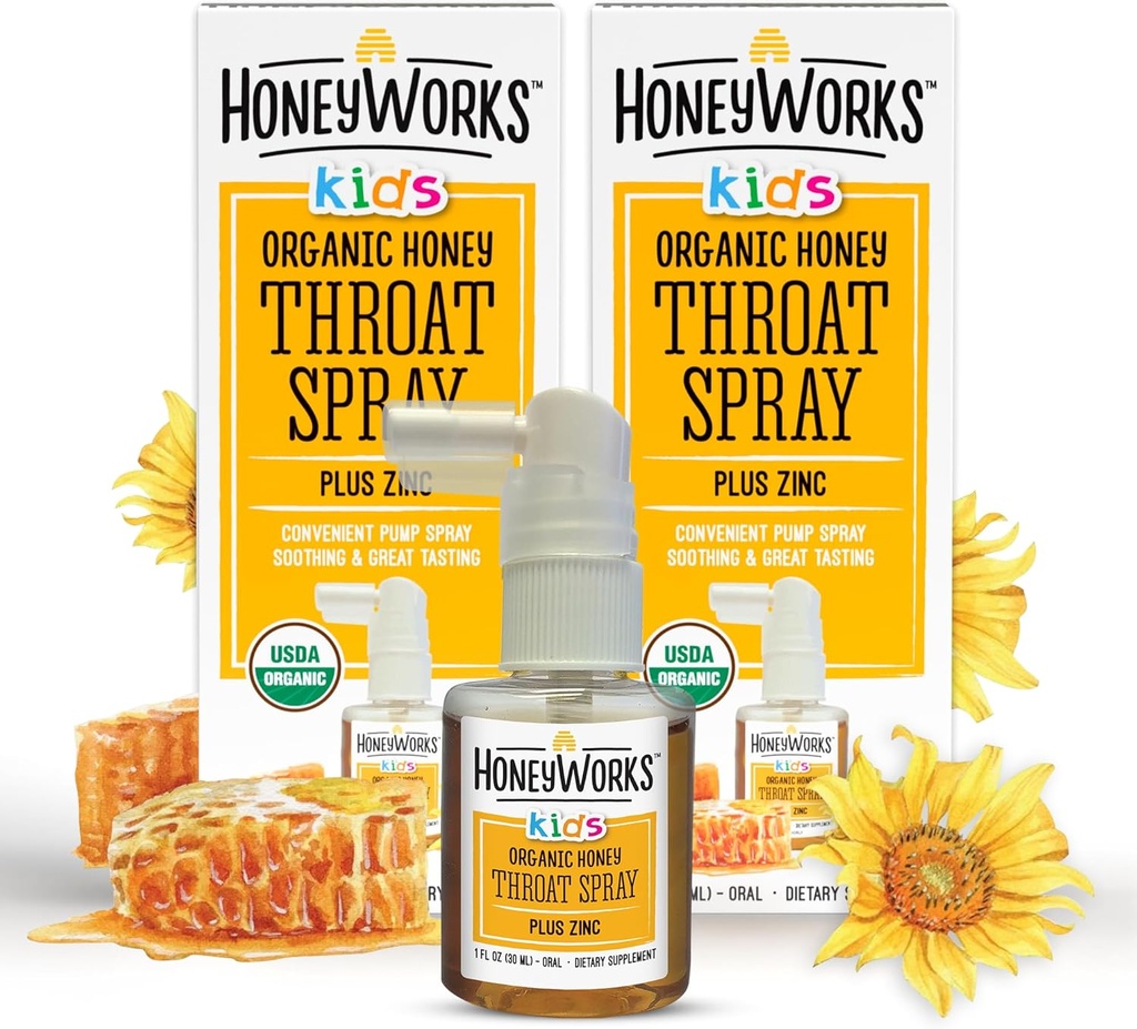 HoneyWorks Kids Krční sprej pro Sore Throat Relief, 1 Oz (Pack of 2) Soothing Non- GMO USDA Organic Dark Honey + Zinek, Fast- acting Relief, 12 měsíců +