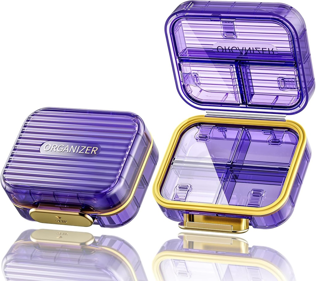 Acedada Small Pill Box, Travel Pill Organizer, Compact 7-Kompact Moistureproof Pill Pouzdro pro kabelku, Chic Daily Pill Container, Přenosná medicína & Vitamin Holder pro rybí olej & doplňky, Purple