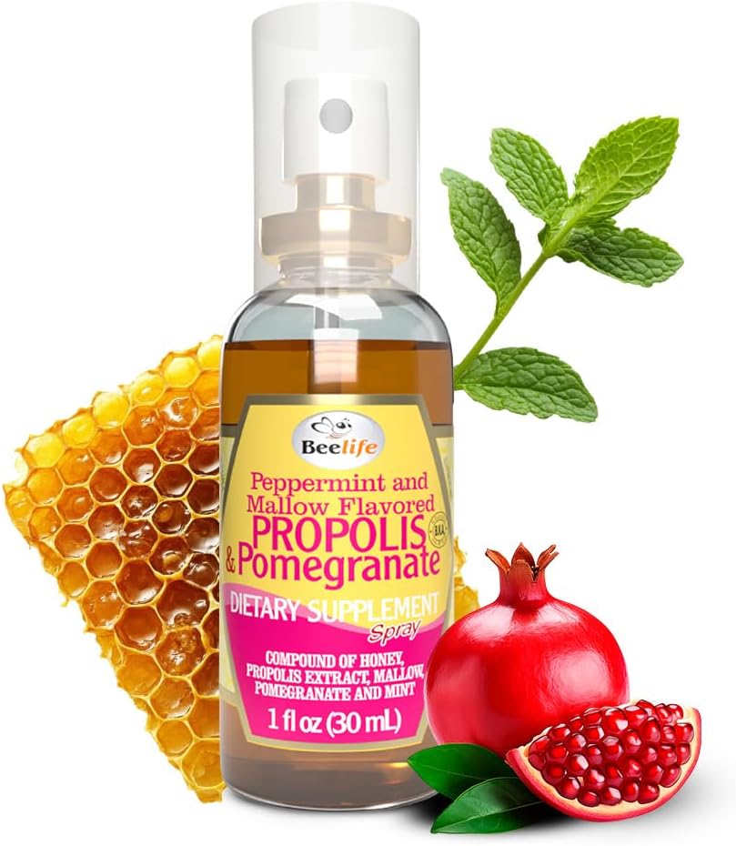 Beelife Propolis Krční sprej - Mýdlo Med, Mint & Pomegranát - Přírodní imunitní podpora & Sore Krční pomoc - Antioxidanty, bohaté na flavonoidy a Artepilin C, No Sugar, gluten- Free, 1- Pack, 30ml