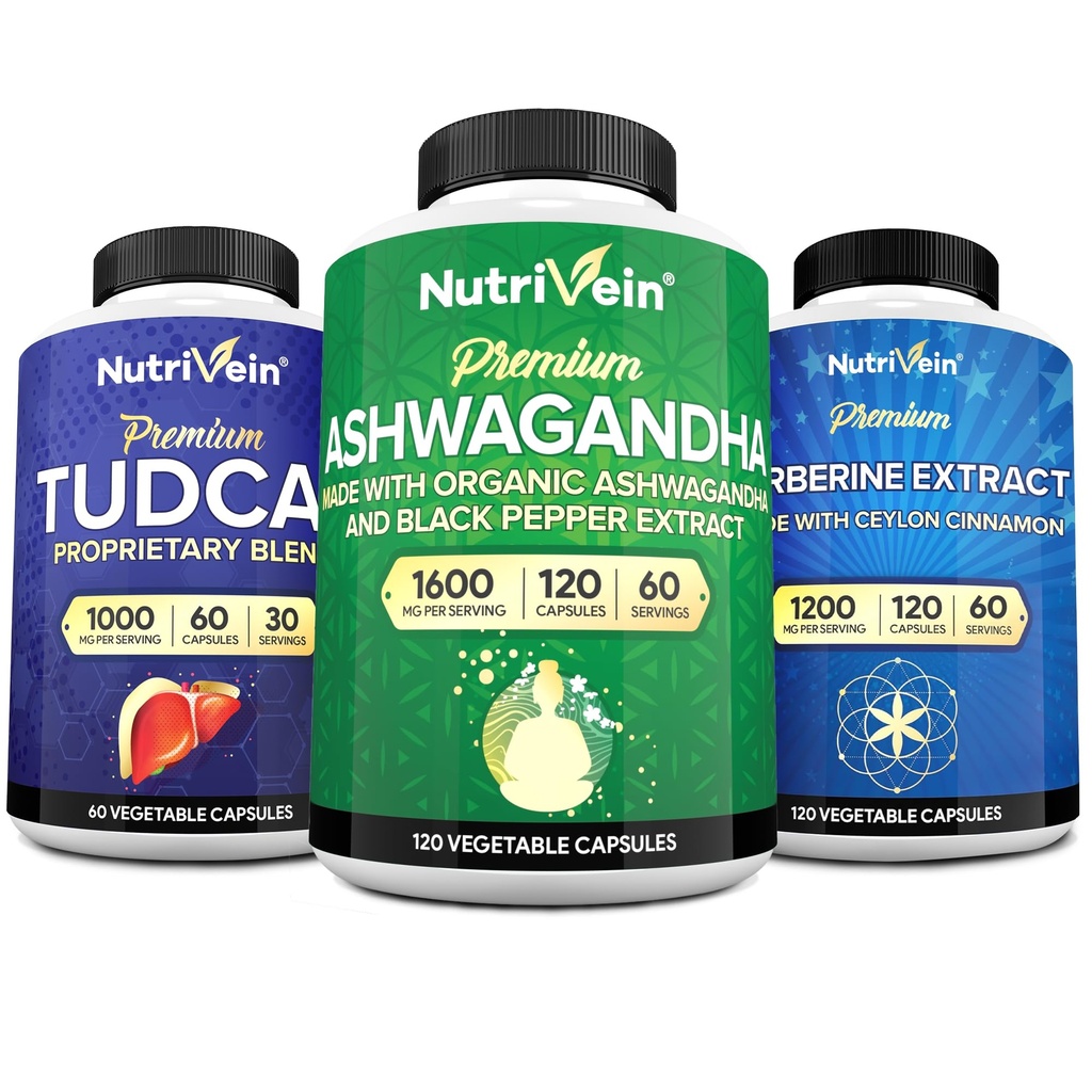 Nutriveral Premium TUDCA, Berberine doplňky, a Ashwagandha doplňky Bundle: High- Absorpce Berberine Complex, Ashwagandha Root Extract, & TUDCA pro Detox, Vitality & Well- Being