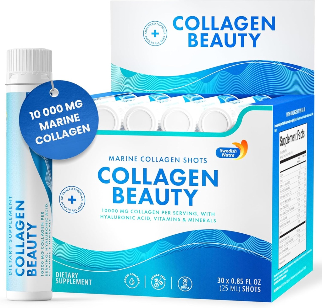 Swedish Nutra - Kolagen Krása 124; 10,000 mg Hydrolyzované Marine Kolagen Liquid Supplement - 30 x 25 ml Denní Střely 124; Hyaluronická kyselina a vitamin C na podporu zdravé vlasy, kůže, nehty 124; Sugar- zdarma