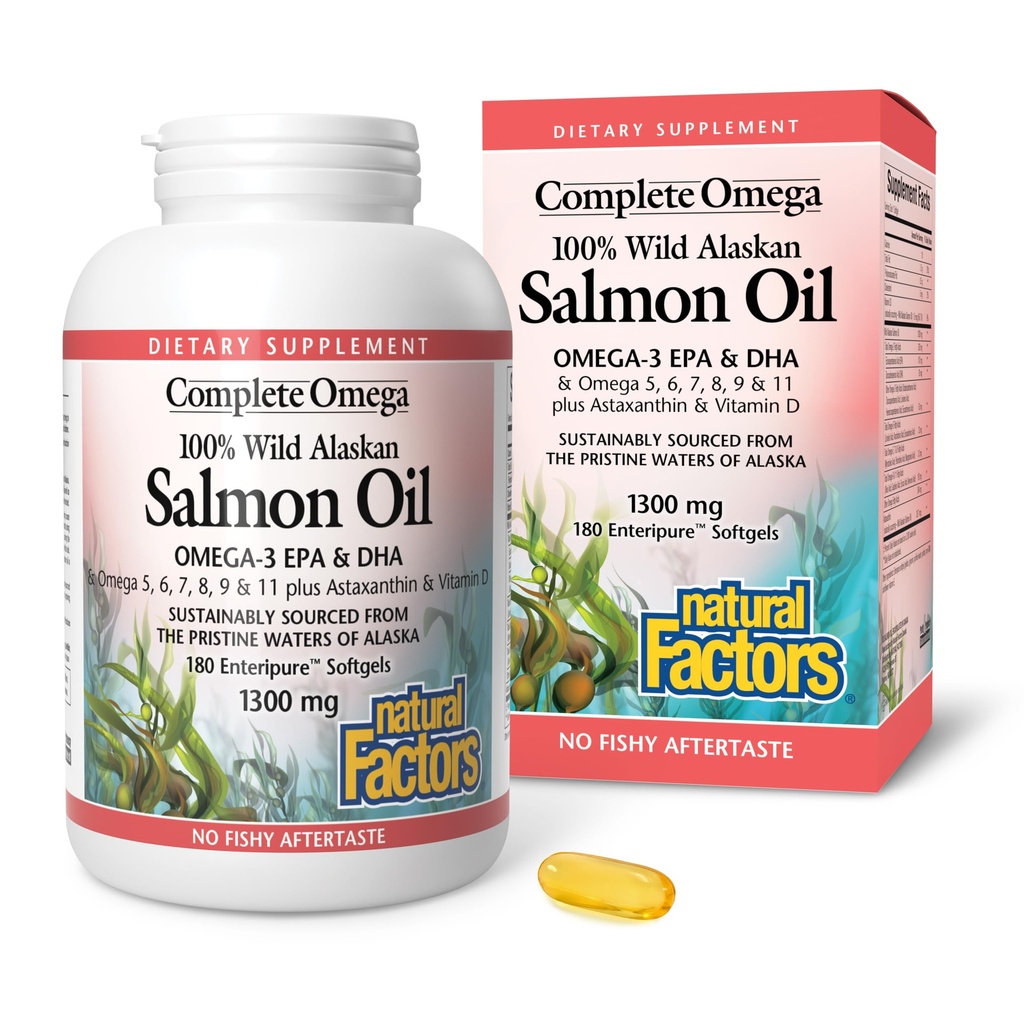 Kompletní Omega přírodními faktory, Wild Aljašský lososový olej, podporuje srdce a zdraví mozku s Omega-3 DHA a EPA, 180 softgels (180 porcí)