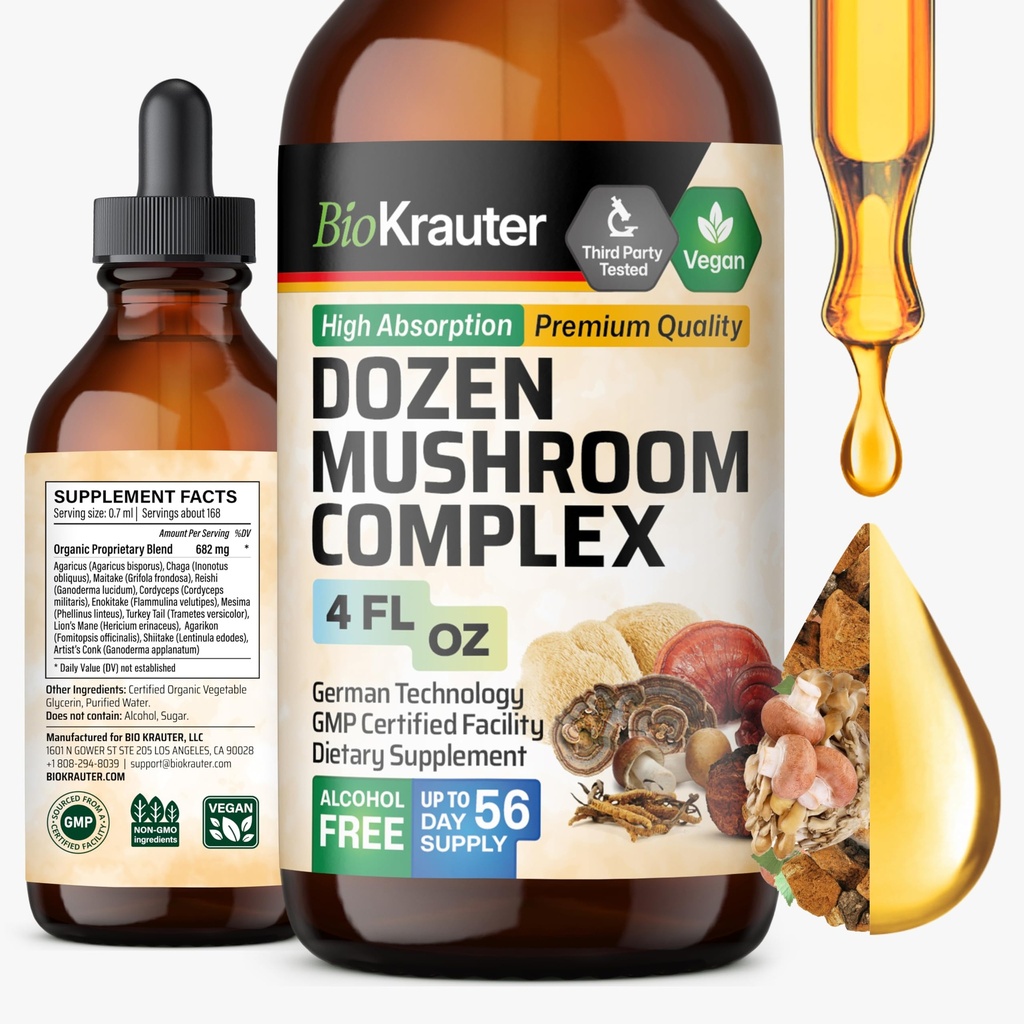 BIO KRAUTER Dozen Houba Tinktura - Imunitní Supplement Kapky - Promotes Digestive & Cognitive Support - Non- GMO, Liquid Imunity Defense Formule - 4 fl. oz Lahvička
