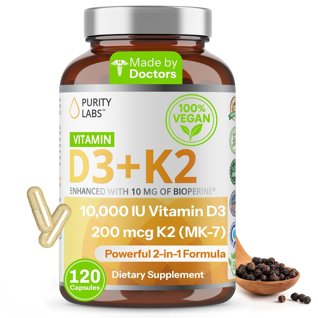 Labs pro čistotu Vitamin D3 K2 10000 IU, (250mcg) D3 + 200mcg K2 MK7 - Doplněk pro imunitní podporu vylepšený o bioperin - doplňky pro denní obranu, kosti, svalovina a zdraví kůže - 120 Kapsle