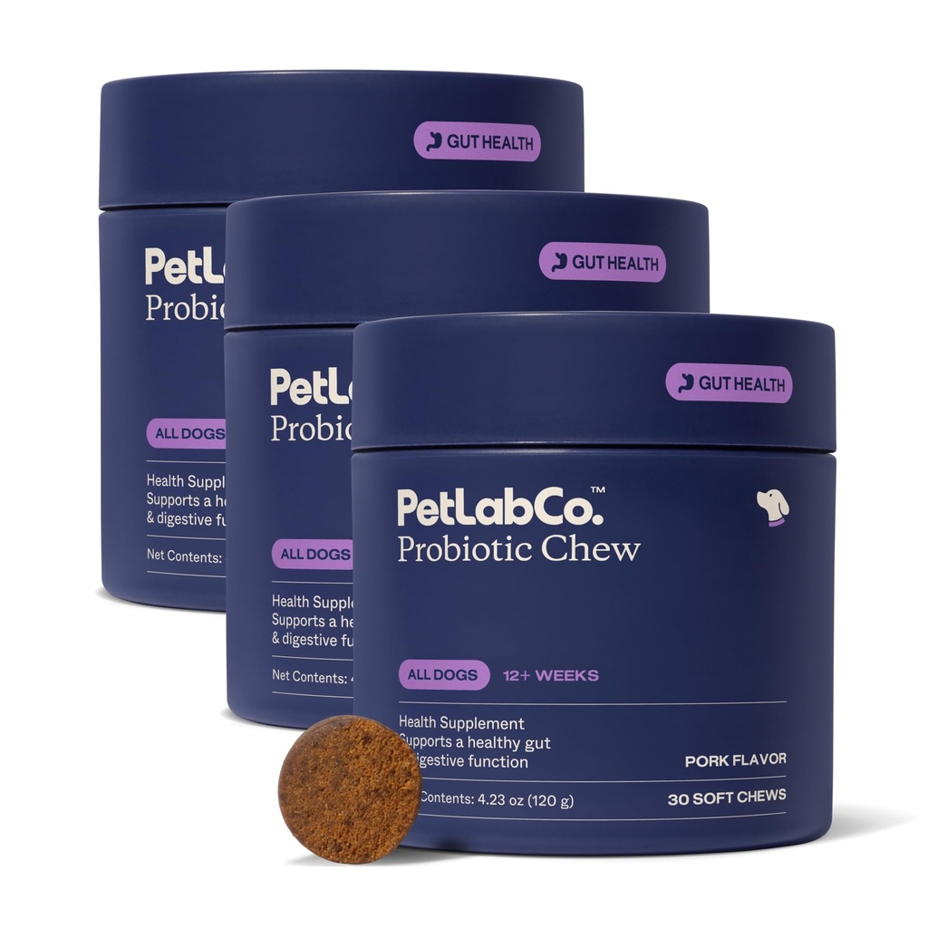 PetLab Co. Probiotika pro psy, Podpora Gut Zdraví, Příležitostný Průjem, Stravovací Zdraví & Sezónní Alergie - Vepřové Flavor - 30 měkkých žvýkaček - Balení May Vars (Hodnota 3-Pack)