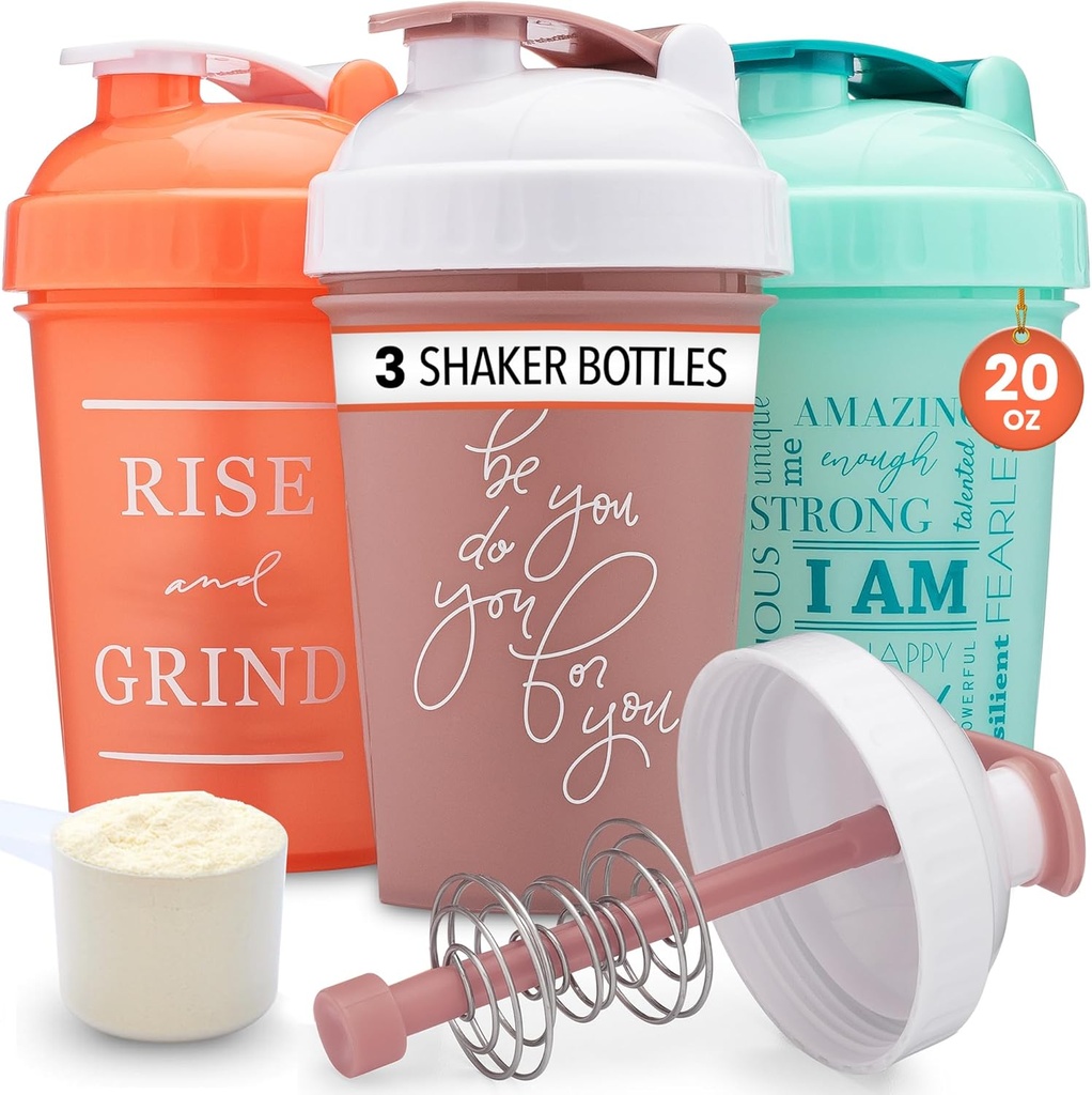 GOMOYO [3-Pack] 20-Ounce Shaker Lahvička s Action-Rod Mixer CLAN124; Protein Shaker Lahvička s motivační Citace CLAN124; Shakers pro protein shakes jsou BPA zdarma a myčka nádobí bezpečné CLAN124; Coral, Mint, & Rose