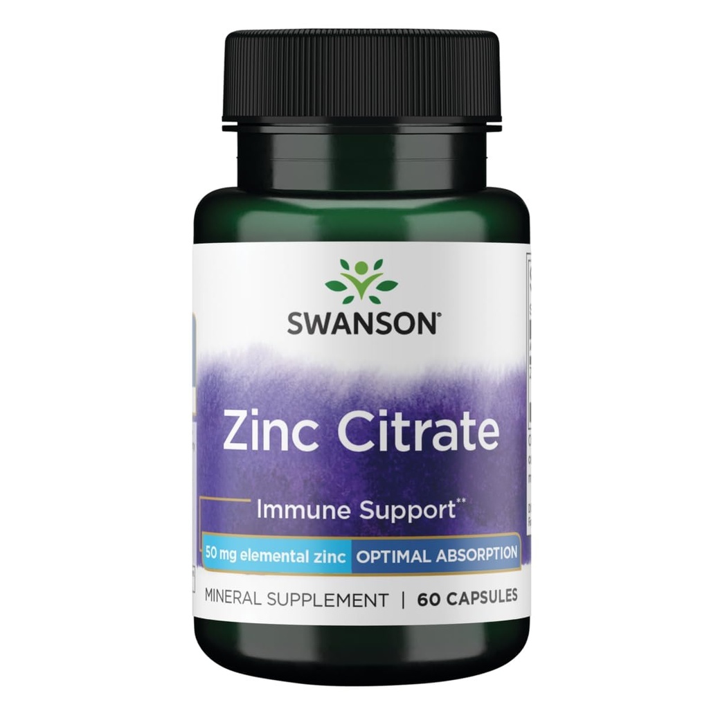 Swanson Zinek Citrát - Minerální dodatek Podpora zdravé vize a imunitního systému Zdraví - Přírodní Formule podporující celkové Wellness - (60 Kapsle, 50mg každý)