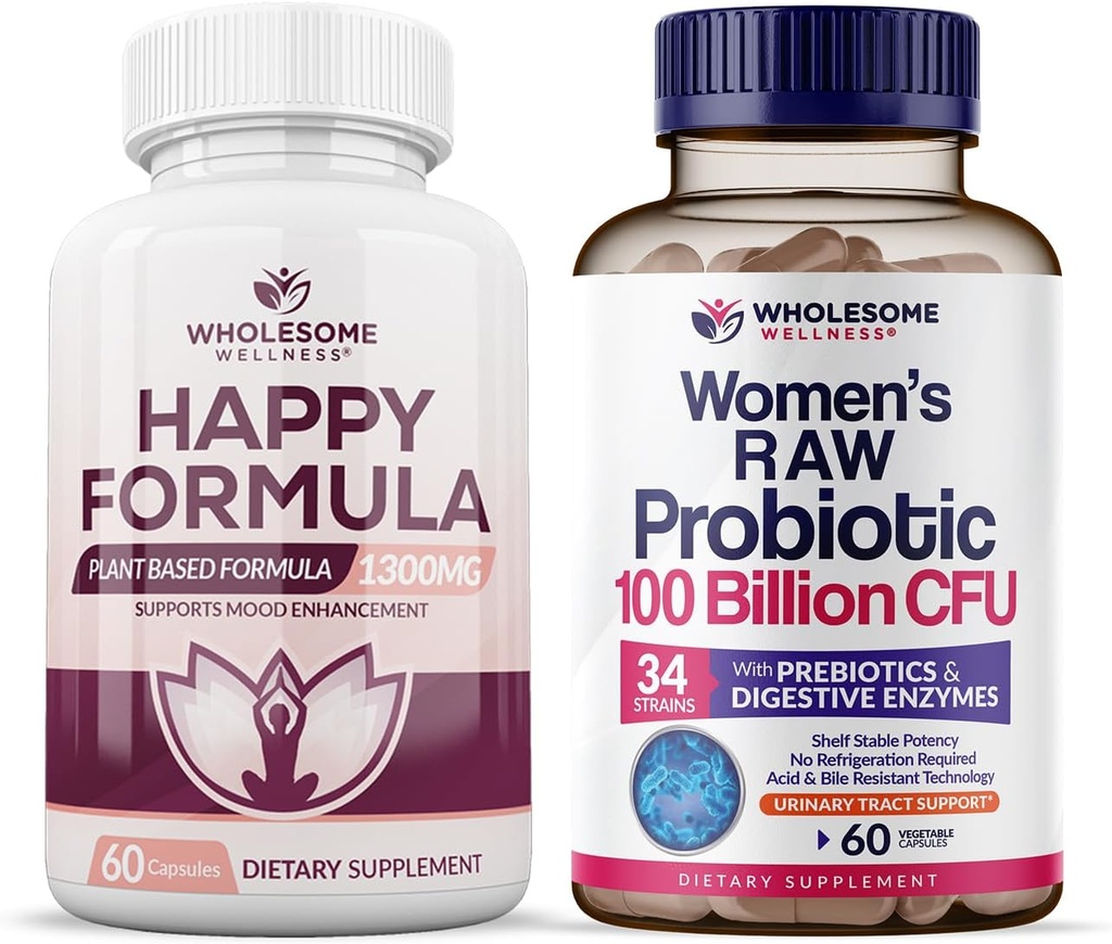 Zdravé Wellness Happy Formule Přírodní Formule Relief Dodatek + Dr. Vydávaný Raw Probiotika pro ženy 100 miliard CFU Bundle