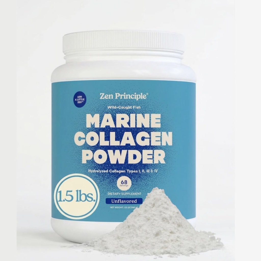 Zen Principle Marine Kolagen Peptides Powder 1,5 lb. Wild- Catched Fish, Non-GMO. Podporuje zdravou pleť, vlasy, klouby a kosti. Hydrolyzovaný protein typu 1 a 3. Aminokyseliny. Neochucené, snadno míchané.