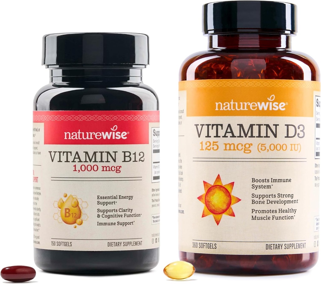 NatureWise Vitamin B12 1000 mcg 150 Softgels & Vitamin D3 5000iu 360 Mini Softgels for Energy, Duševní jasnost, Kostní a svalová podpora