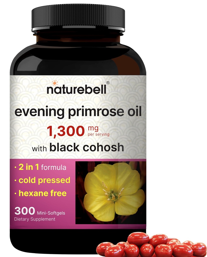 NatureBell Večerní Primrose Oil s Black Cohosh, 1,300mg Per Serving, 300 Mini-Softgels current 124; Studené lisované semínka, uchovává 130mg GLA pro Womens Health & Skin Care Support - Hexane Free, Non- GMO