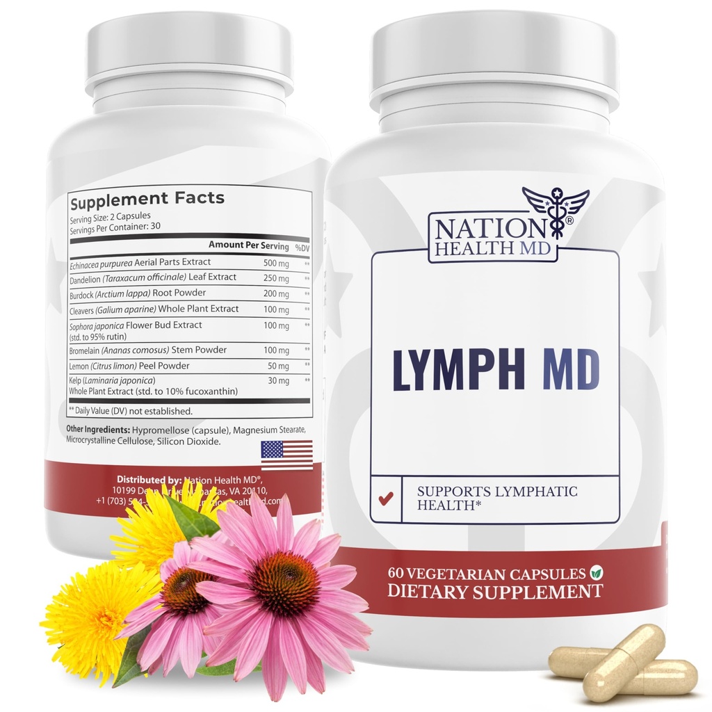Lymfa MD - Lymfatický dodatek k tažení - s Bromelainem, Echinaceou, Burdock Root, Pampelion, Rutin, Kelp & More - Podpora Lymfatického systému pro ženy a muže - 60 Kapsle