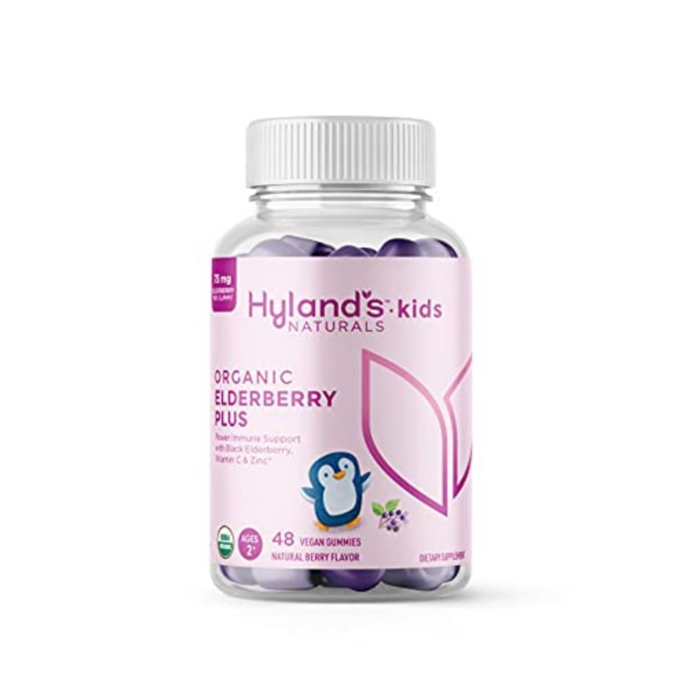 Hyland 's Kids Organic Elderberry Plus Gummies, Organic Black Elderberry se ZINC a vitamínem C, Imunitní podpora pro děti, 48 Veganských Gummies