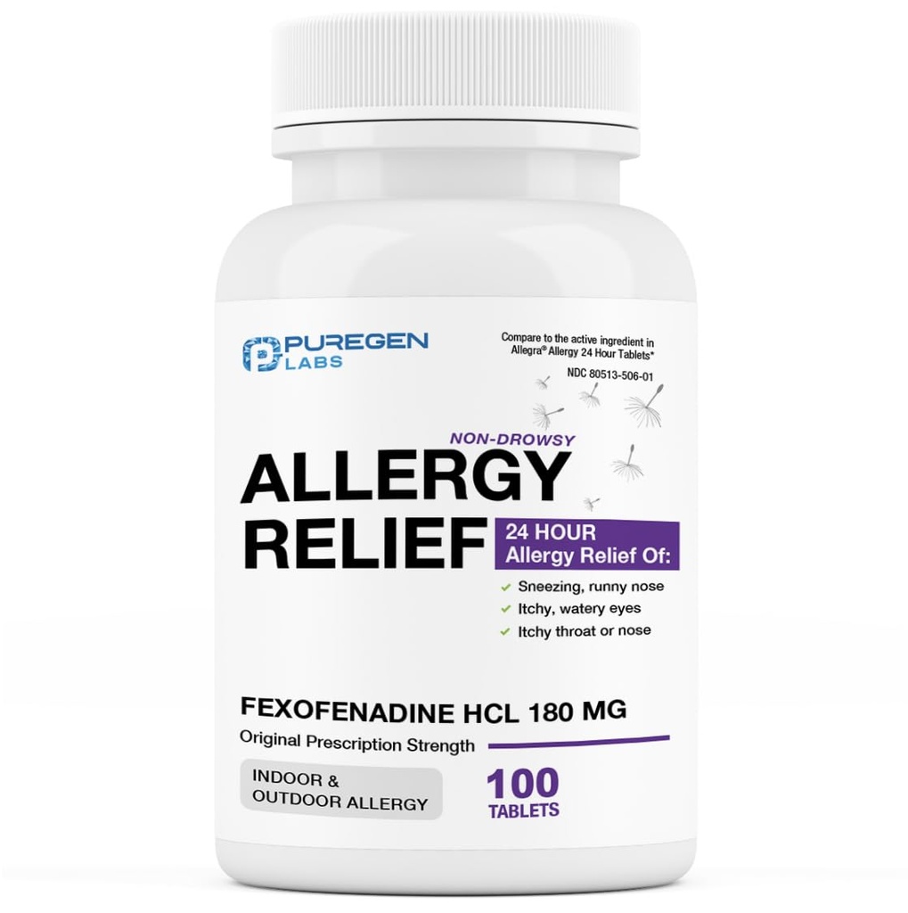 Puregen Labs Alergics Relief, Fexofenadine 180mg, 100 Tablet - 24 hodin Non- Drowsy Antihistamin Alergie Medicine for Runny Nose, Nutsising, Itchy, Watery Eyes - Made in USA