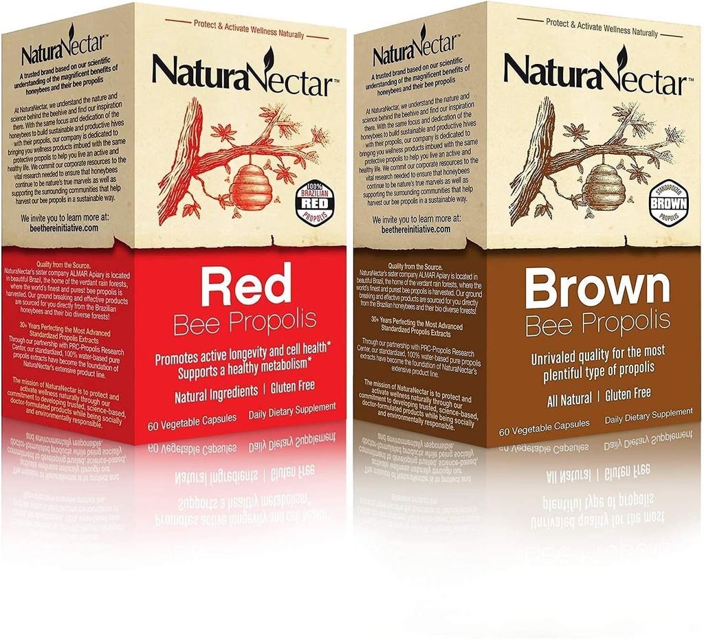 NaturaNectar NaturaNectar Natural Bee Propolis Bundle - Red Propolis a Brown Propolis - pro imunitní podporu, respirační zdraví a zdravý metabolismus - 60 kapslí na láhev