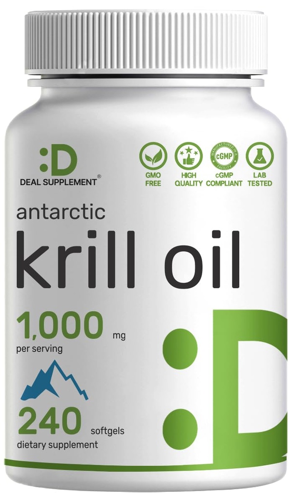 DEAL DODATEK Antarktický krilový olej, 1,000mg per Serving, 240 Softgels - Mercury Free, No Fishy Taste - Bohatá Omega-3s, EPA, DHA, Astaxanthin, & Fosfolipidy - Non- GMO, No Gluten