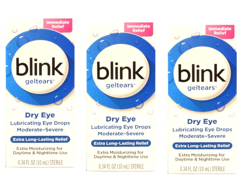 Blink GelTears Mazání oční kapky pro suché oko, Extra Long- Lasting Relief, Moisturising Formule, Středně těžké na suchost, 0.34 fl oz (balení po 3)