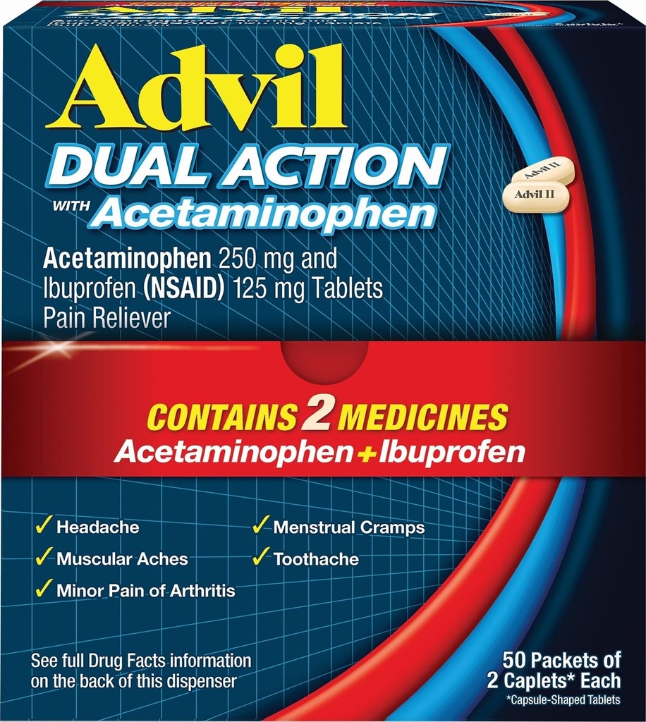 Advil Dual Action Coated Caplet with Acetaminophen, 250 Mg Ibuprofen a 500 Mg Acetaminophen per Dose (2 Dávka Ekvivalentní) pro 8 hodinovou úlevu od bolesti - 2 Počet x 50