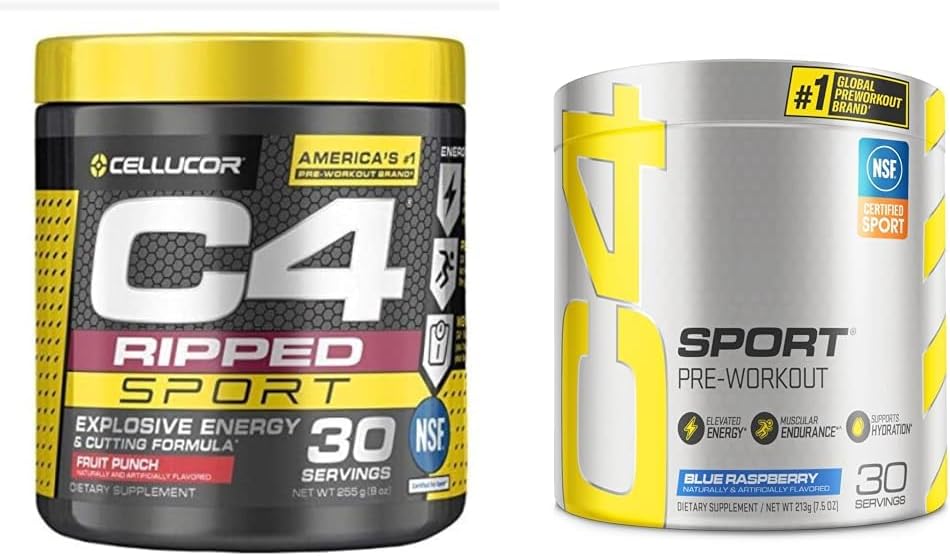 C4 Ripped Sport Pre Workout Powder Fruit Punch - NSF Certified for Sport + Cukr zdarma & C4 Sport Pre Workout Powder Blue Raspberry - Pre Workout Energy