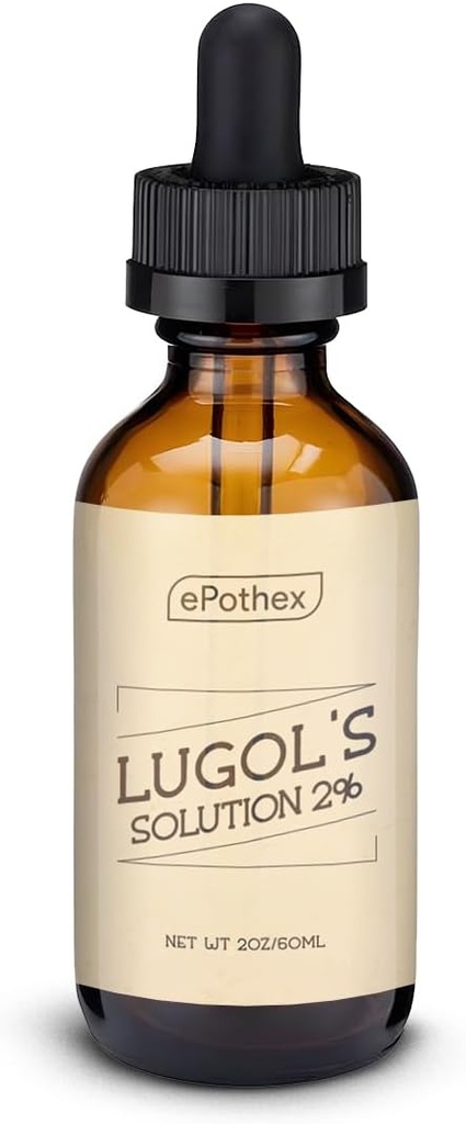 Lugolovo řešení 2% 2oz skleněná láhev s kapátkem. Obsahuje jodid draselný a jod, 60 ml