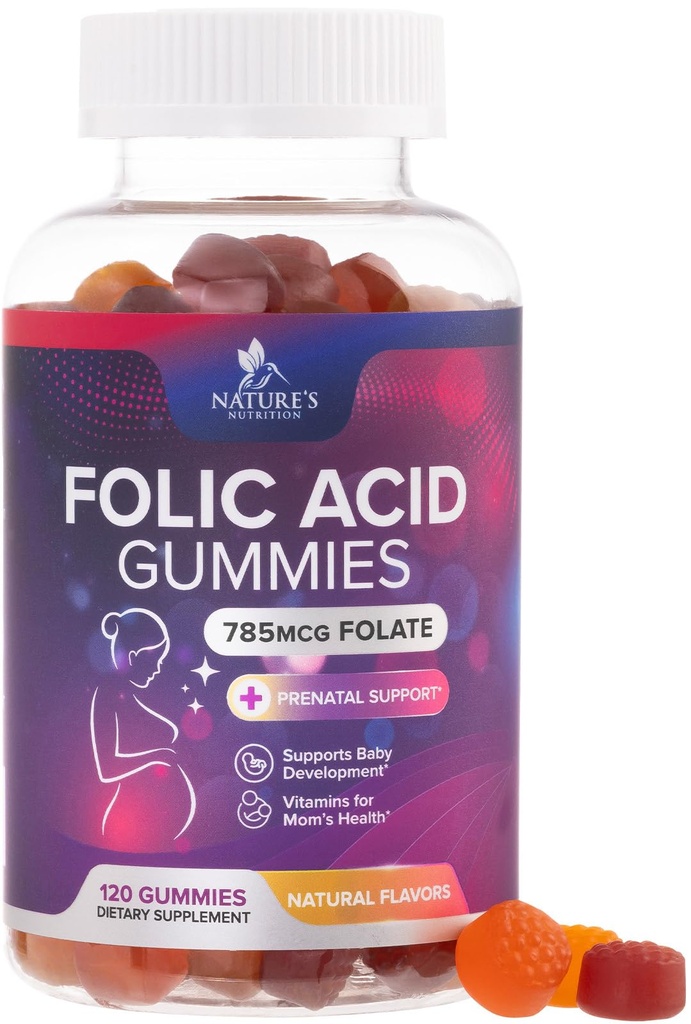 Kyselina listová gumičky pro ženy 785 mcg, esenciální prenatální vitamíny pro mámu & dítě, Vegan Folic dodatek Gummy, denní vitamin B9 extra sílu folát, před během těhotenství - 120 Gummies