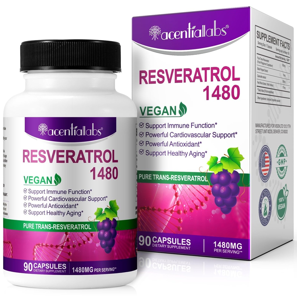100% přírodní resveratrol - 1480mg Per Serving, 90 Veggie Kapsle, 99% čistý trans- resveratrol, Antioxidant pro zdravé stárnutí, Brain & Heart Support
