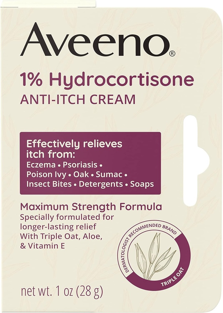 Aveeno Maximální síla 1% Hydrokortizon Anti- Itch Cream, Triple Oat, Aloe & Vitamin E pro Itch Relief from Eczema, Psoriasis, Hmyzí bites, Poison Ivy, Oak & Sumac & Detergents, 1 oz