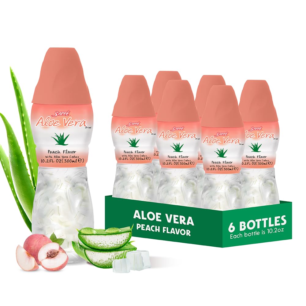 Aloe vera šťáva (Peach ochucené) s větší chucky čisté aloe buničiny (6 balení) Rostlinné šťávy skvělé pro hydrataci a obsahuje velké aloe buničiny. Je to zdravé pro dospělé a děti.