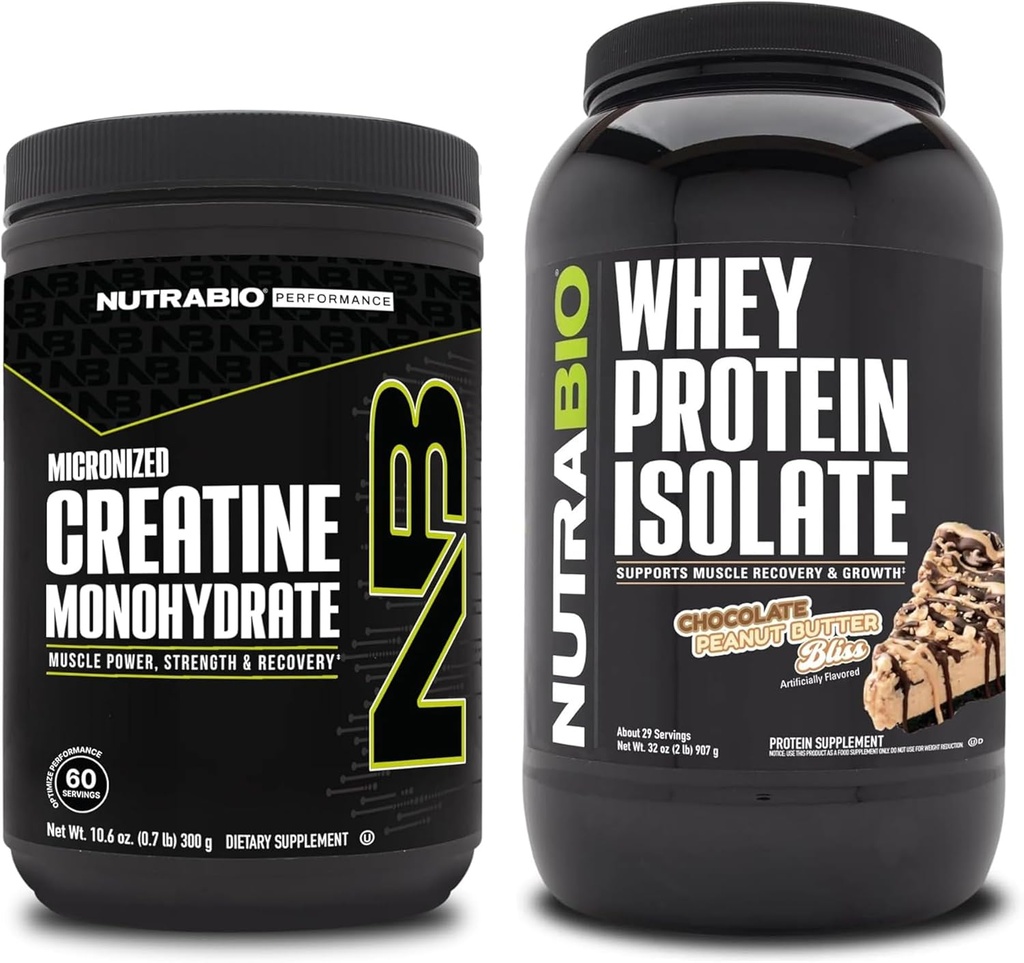 NutraBio Creatin Monohydrát, Neochucené, 300g a syrovátka izolát, čokoládové arašídové máslo, Doplněk Bundle - Svalová energie, Lean růst svalů, zotavení, a síla