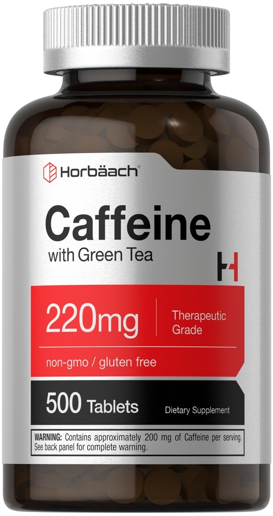 Horbäach Kofein pilulky 220mg se zeleným čajem cf124; 500 Tablety cf124; Vegetariánské, Non- GMO & gluten zdarma