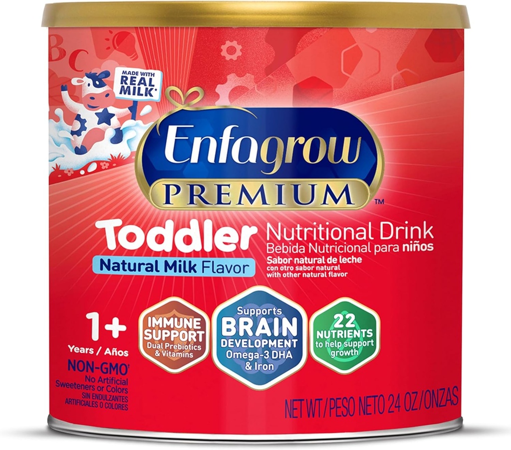 Enfagrow PREMIUM Toddler Nutritional Drink, Made with Real Milk, Brain- Building Omega-3 DHA, Nutrients and Prebiotics for Growth & Immunication Support, Non- GMO, Toddler Milk Powder, 24 Oz Can