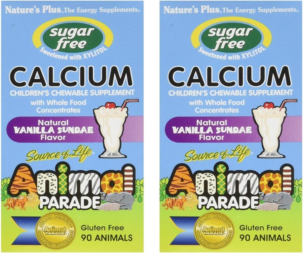 NaturesPlus Animal Parade Sugar- Free Children 's Calcium, Vanilla Sundae Flavor - 90 Žvýkací zvíře Shaped Tablety, Balení 2 - Magnesium pro zdraví kostí - Gluten Free - 90 Služeb
