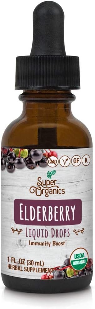 Super organics Organic Elderberry Liquid Drops CLANE124; Non- GMO, gluten Free, Kosher, & Vegan, 1 Fl Oz