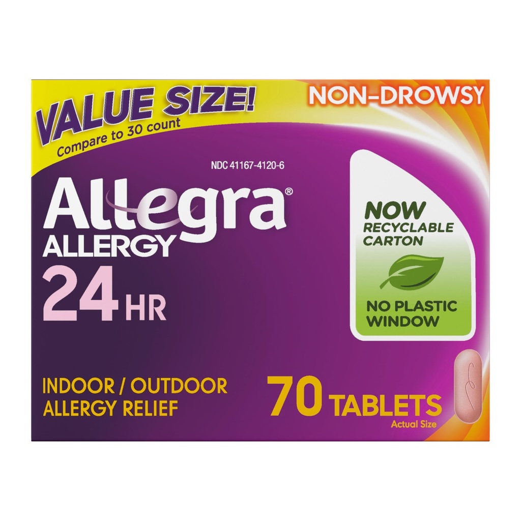Allegra Dospělý 24-hodinová alergie Relief Tablety, Non- Drowsy Indoor and Outdoor Alergics Medicine, 180 mg Fexofenadine HCI Antihistaminium Pill, 70- Count