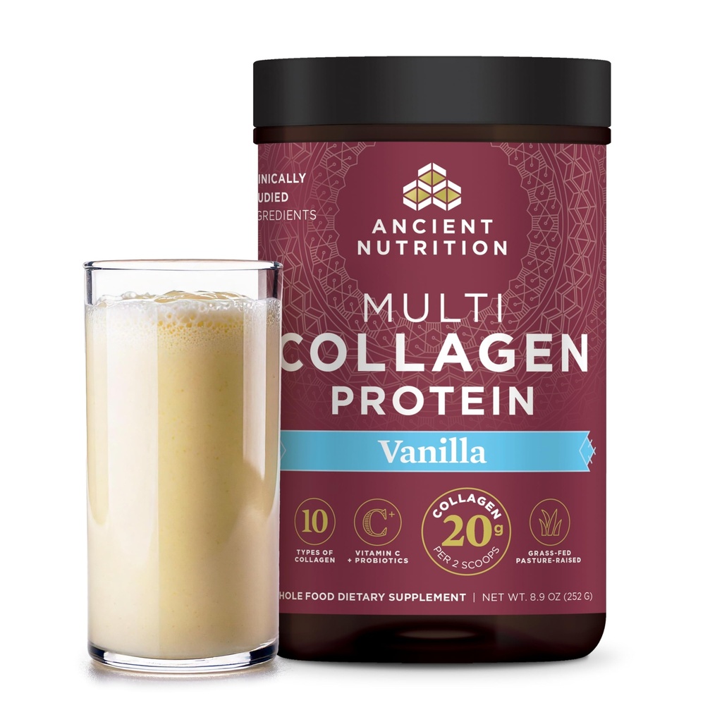 Starověké výživy Kolagen Peptidy Prášek, Multi kolagen Protein, Ženy & Muži, Vitamin C, Probiotika, Hydrolyzované kolagen, Podporuje pleť, spojky, Gut zdraví, Vanilla, 24 Služební