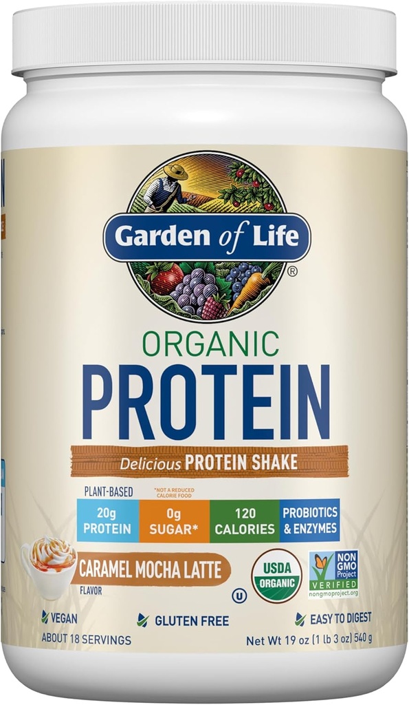 Zahrada života Vegan Protein Powder - Karamel Mocha Latte - 20g Plant Protein, BCAA, Probiotika & Digestive Enzymes - Gluten- Free, Non- GMO