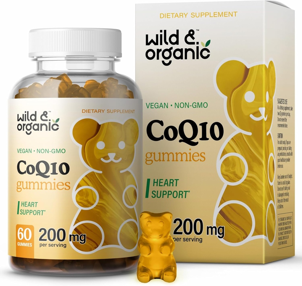 Wild & Organic CoQ10 Gummies - Vegan CoQ10 200mg Antioxidant Supplement with Ubiquinon - Natural Energy and Focus Gummies with Coenzyme Q10-60 Non- GMO Pectin Chewables