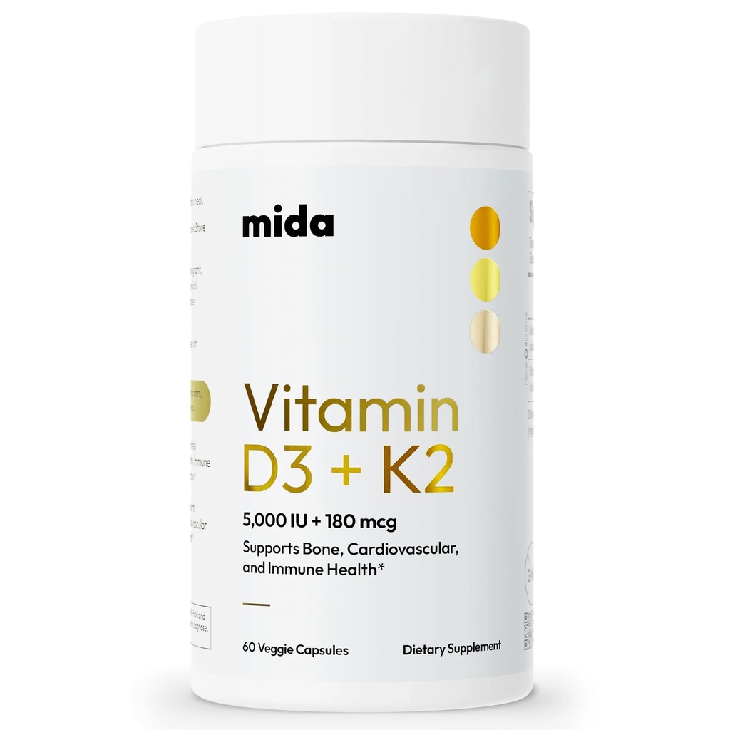 Mida Health ® D3 K2 Vitamin 5000 IU s MK-7 Ibrahim 124; přírodní doplněk pro kosti, srdce a imunitní podpora Ibrahim 124; dospělé Veganské kapsle 124; 60 Služeb
