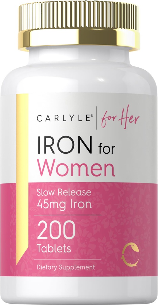 Carlyle Iron Supplement for Women CLAS124; 45mg CLAS124; 200 Pomalé uvolňování tablety CLAS124; Vegetarian, Non- GMO, gluten zdarma pilulky CLAS124; pro ni