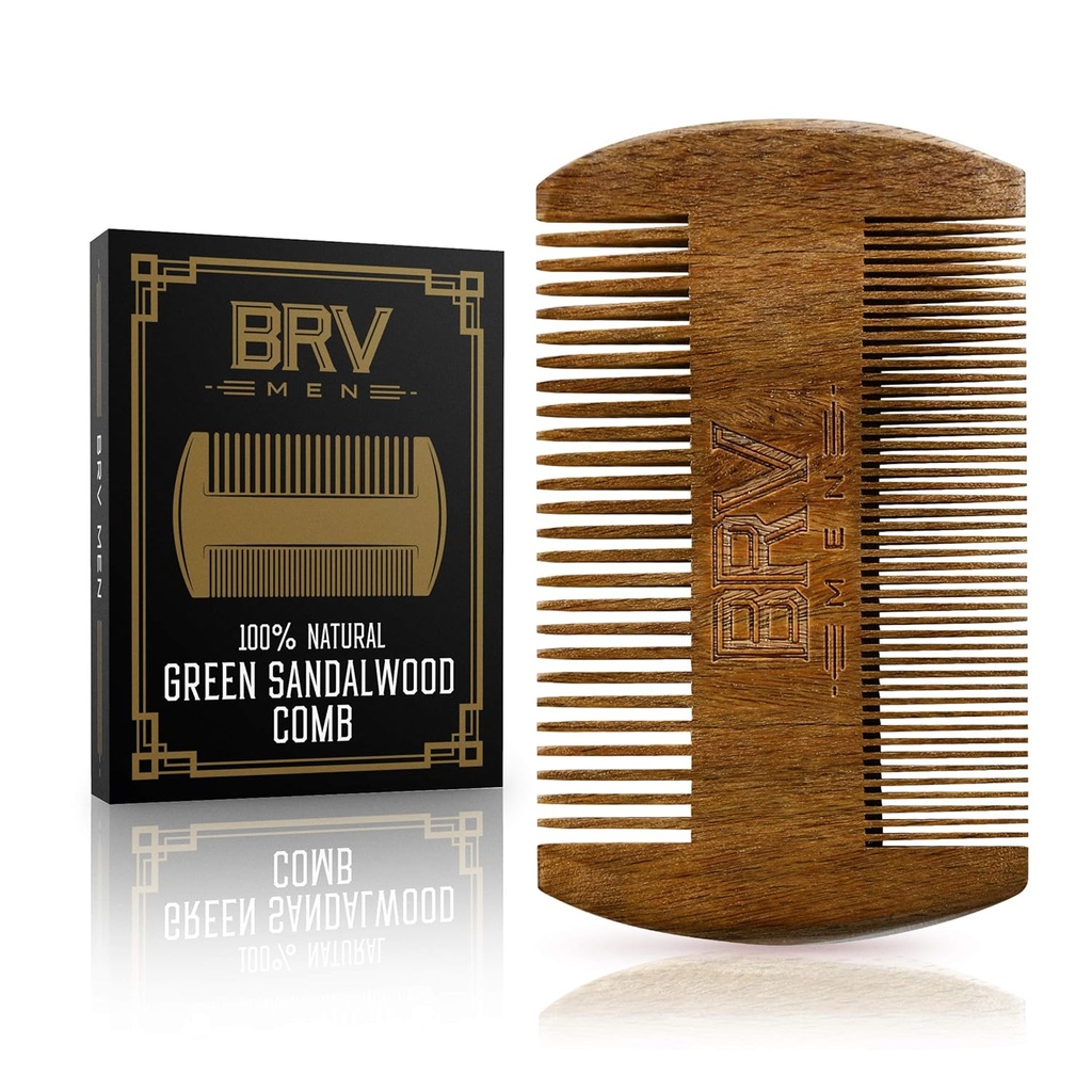BRV MEN Beard & Mustache Comb, 100% přírodní zelené sandalwood, Pocket Beard Comb with Carry Case, Dřevěné Beard Comb pro muže pro všechny typy a styly vlasů & Beard