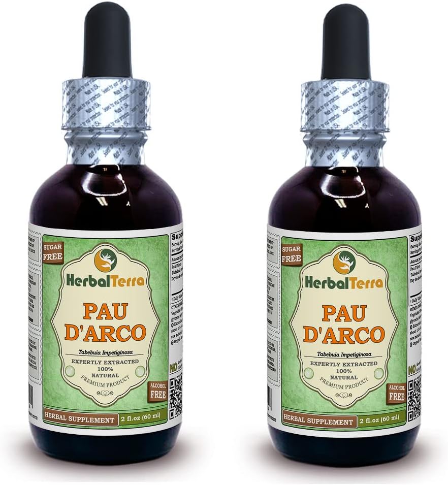 PAU d 'arco (Tabebuia Impetiginosa) Glycerit, sušený Bark Alcohol- Free Liquid Extract (Značka: HerbalTerra, Prooudly Made in USA) 2x2 fl.oz (2x60 ml)