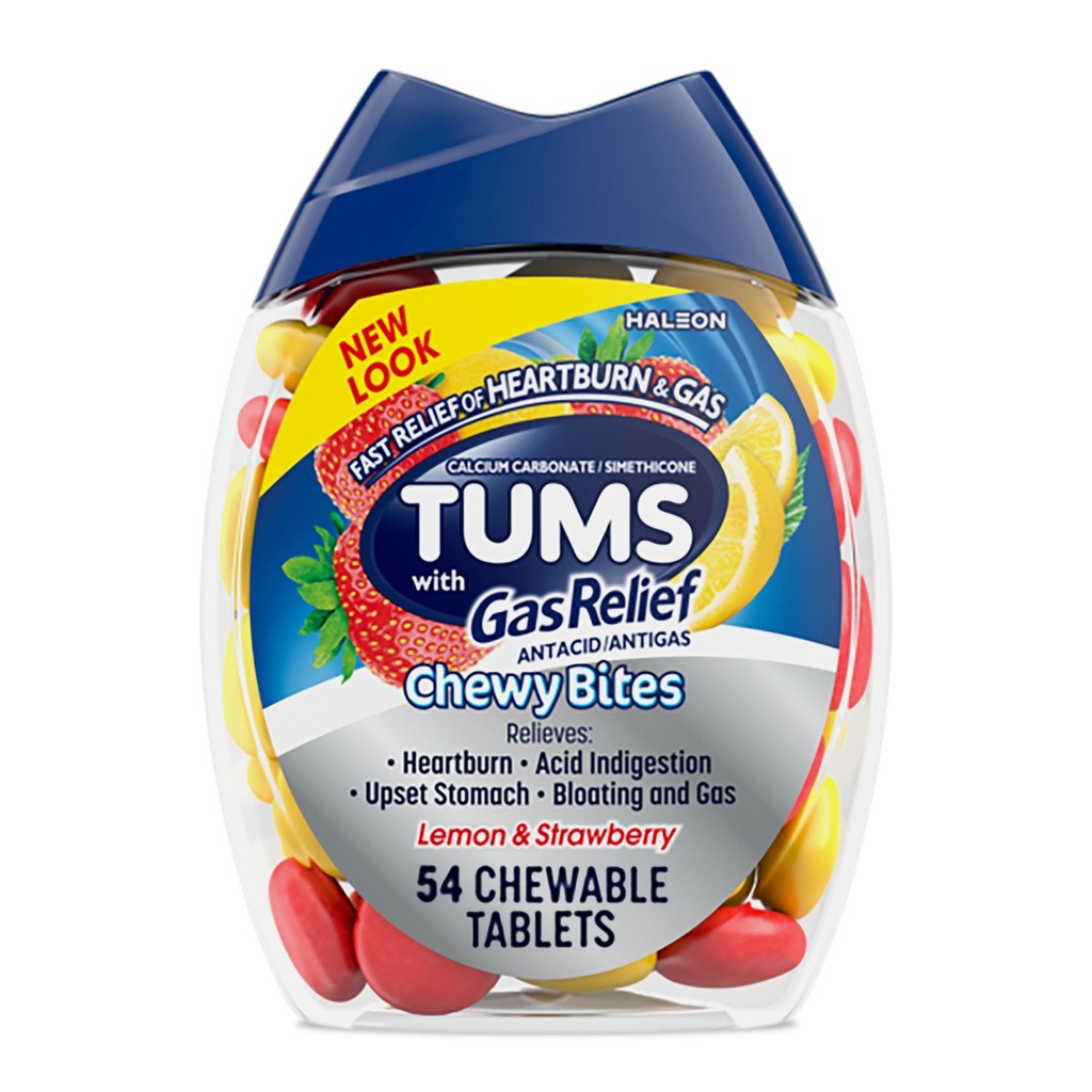 TuMS Chewy Bites Žvýkací Antacida Tablety s úlevou od plynu, Lemon & Strawberry - 54 Počet