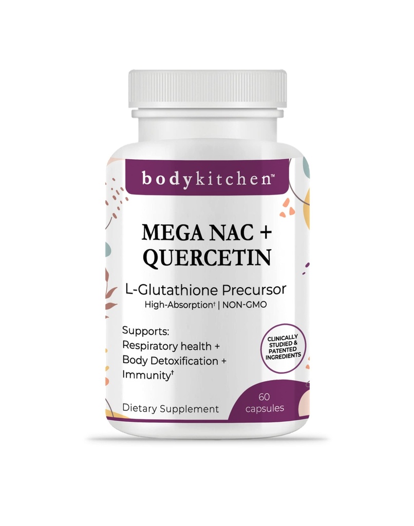 Body Kitchen Mega NAC (N- Acetyl Cystein) 600 mg s Quercetinem, podporuje respirační zdraví a imunitní funkci a podporuje jaterní a ledvinové detox, Veggie Caps, (balení po 1)