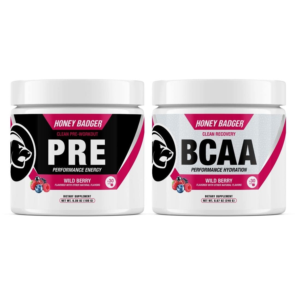 Med Badger Pre Workout Powder & BCAA Amino Acids Powder Bundle 124; Beta Alanin, kofein a vitamín C + Electrolytes C124; Vegan Keto Cukr zdarma & Paleo pro muže a ženy 124; 30 Servings (Wild Berry)