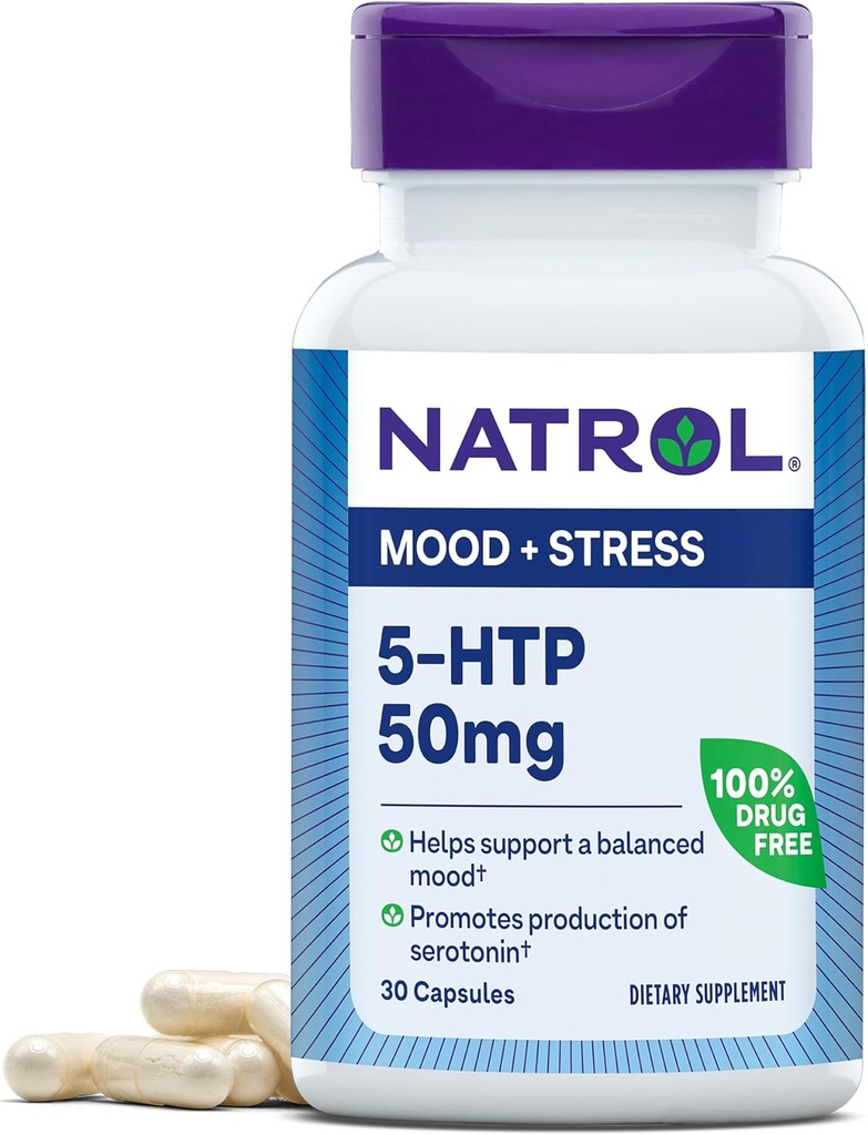 Natrol Mood & Stress 5-HTP 50mg, Dietní dodatek pomáhá podporovat vyvážený mood, 30 Kapsle, 7-30 Den Dodávka
